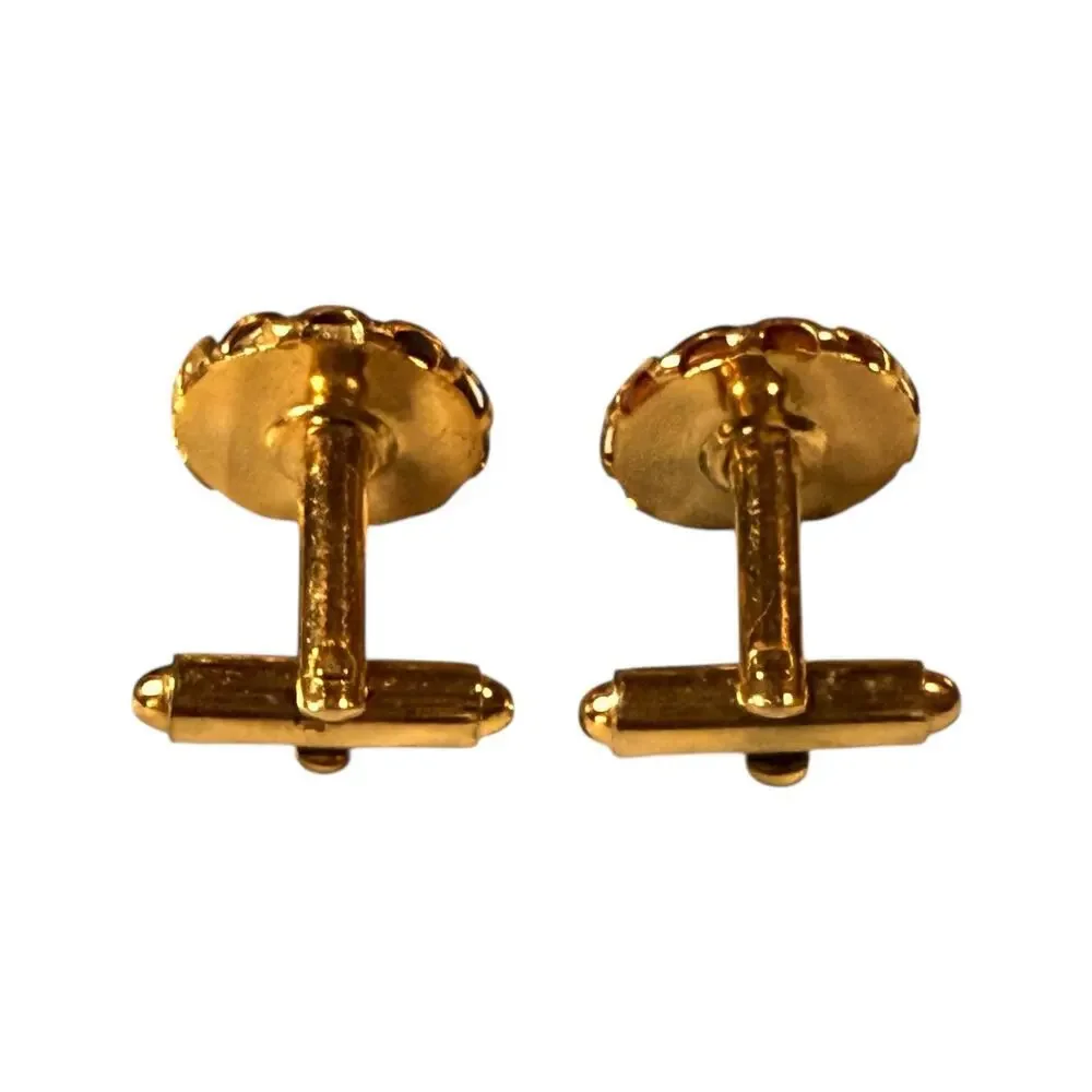 Vintage Cufflinks & Tie Pin Mens Gold Tone Blood Orange Glass Gold Stone Set